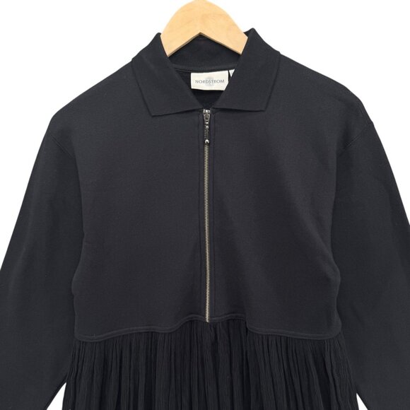 Nordstrom Pleated Maxi Dress Solid Black Long Sleeve Zip Front Mixed Media Sz S - Picture 3 of 11